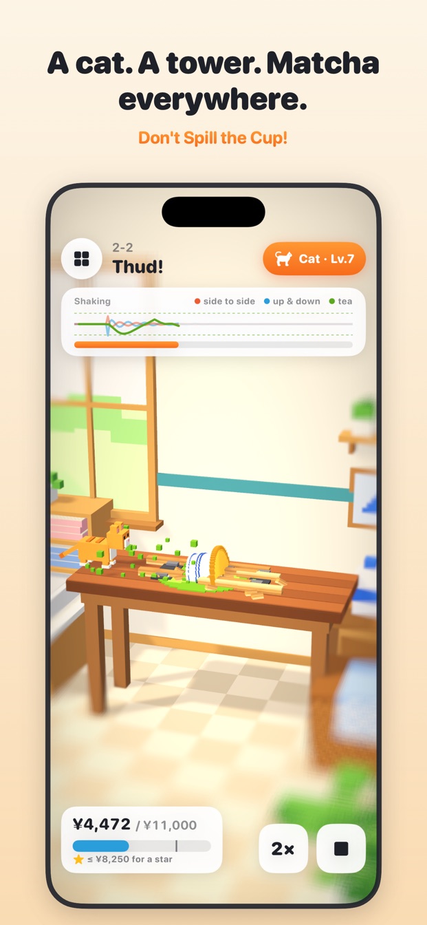 Don't Spill the Cup!: a cat lands on the table and the tower collapses, spilling the matcha