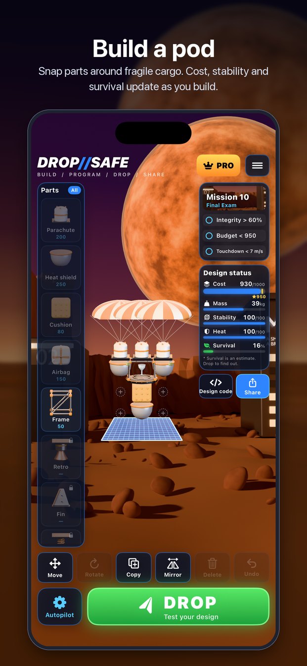 DROP//SAFE: a landing pod with three parachutes and a heat shield being built on the launch pad