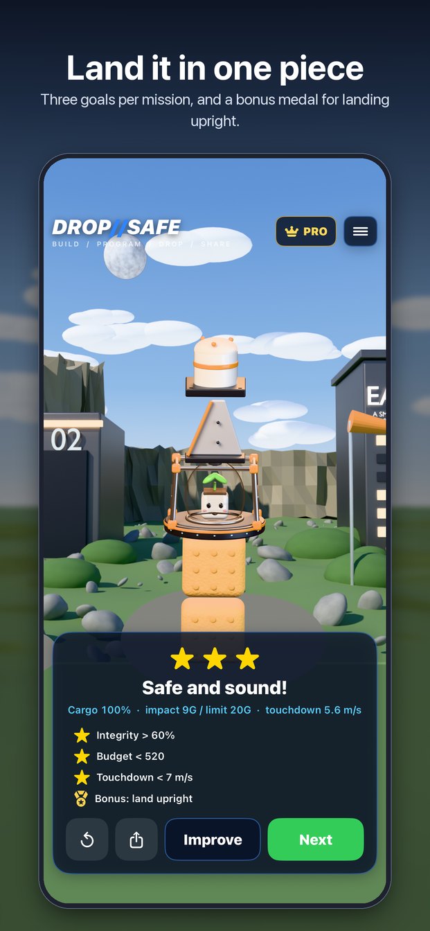 DROP//SAFE: a pod under parachutes lands on an Earth-like planet; the result shows three stars and the upright bonus