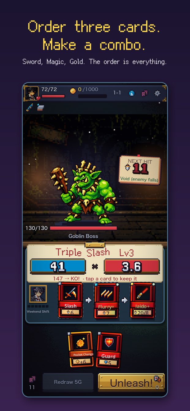 1000G to Go Home: three cards in order make a Triple Slash, 41 × 3.6, against the Goblin Boss; its next hit is pinned up as a bill