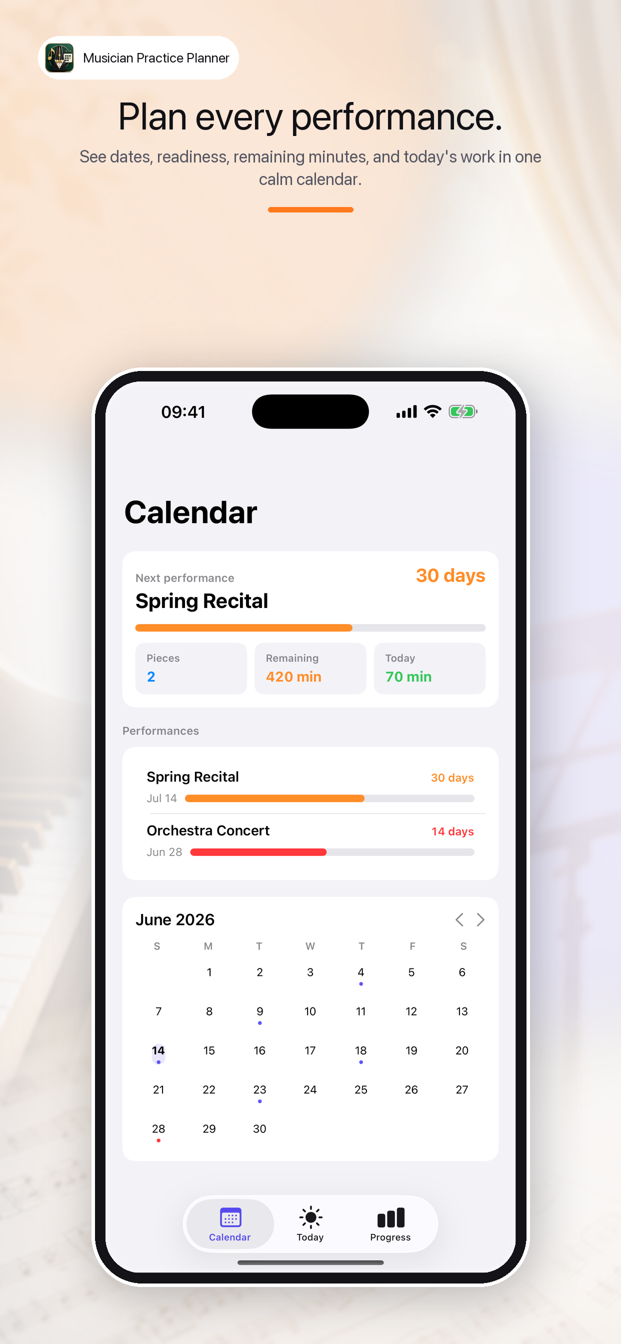 Musician Practice Planner calendar screen