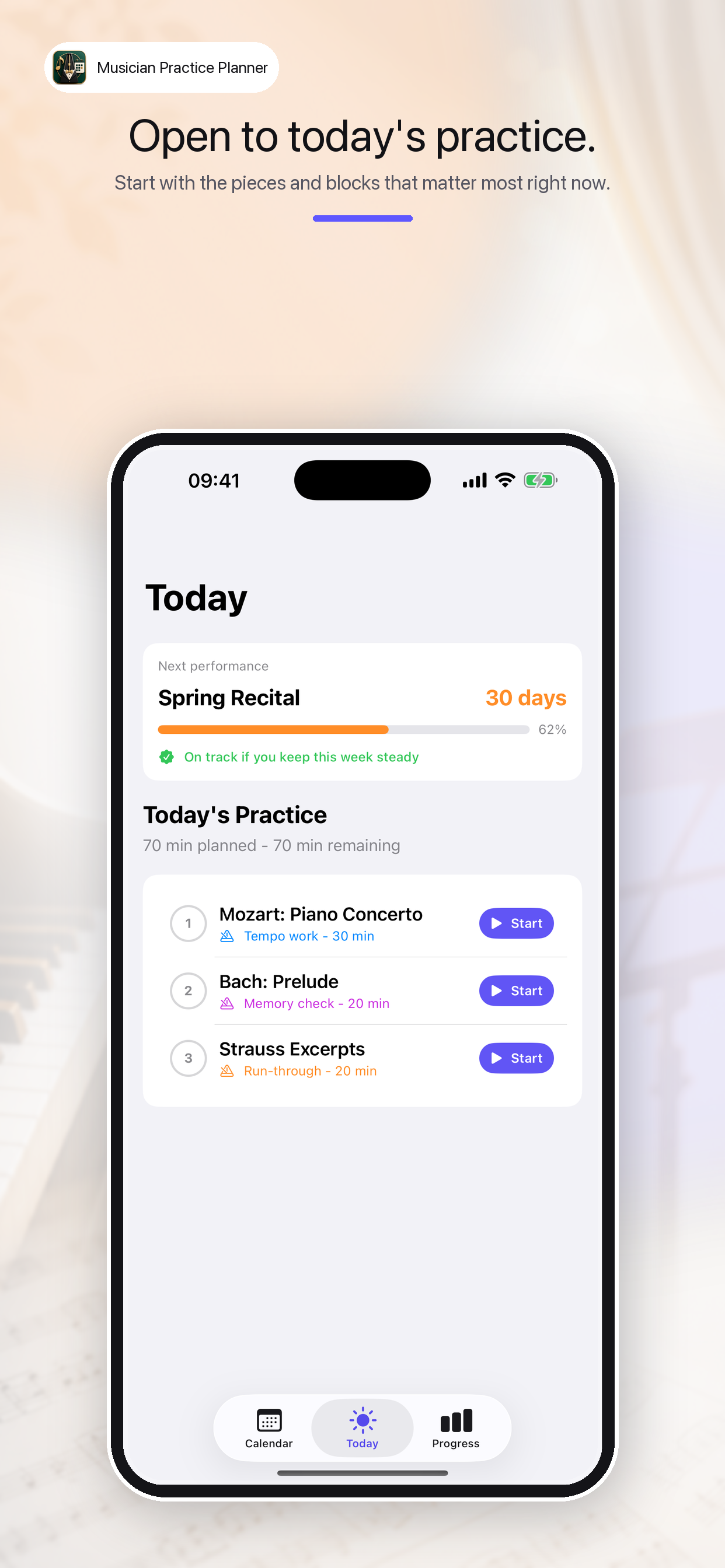 Musician Practice Planner today practice screen