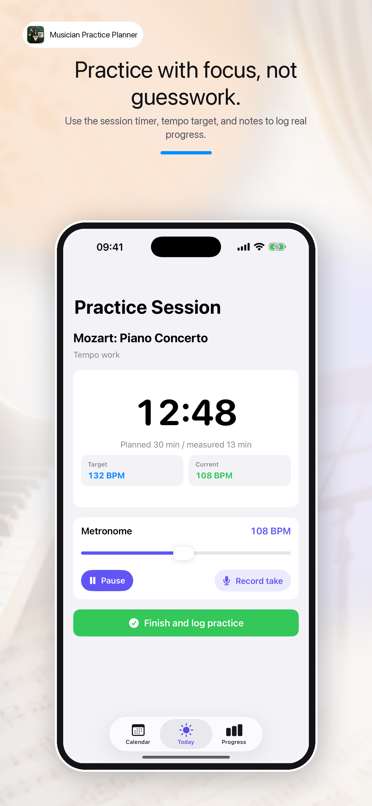 Musician Practice Planner session timer screen