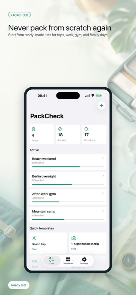 PackCheck dashboard and travel checklist
