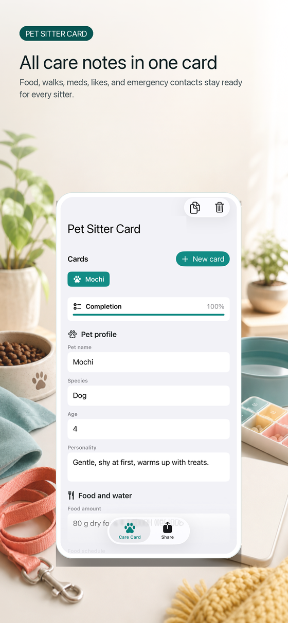 Pet Sitter Card editor with feeding, walks, medication, and contacts