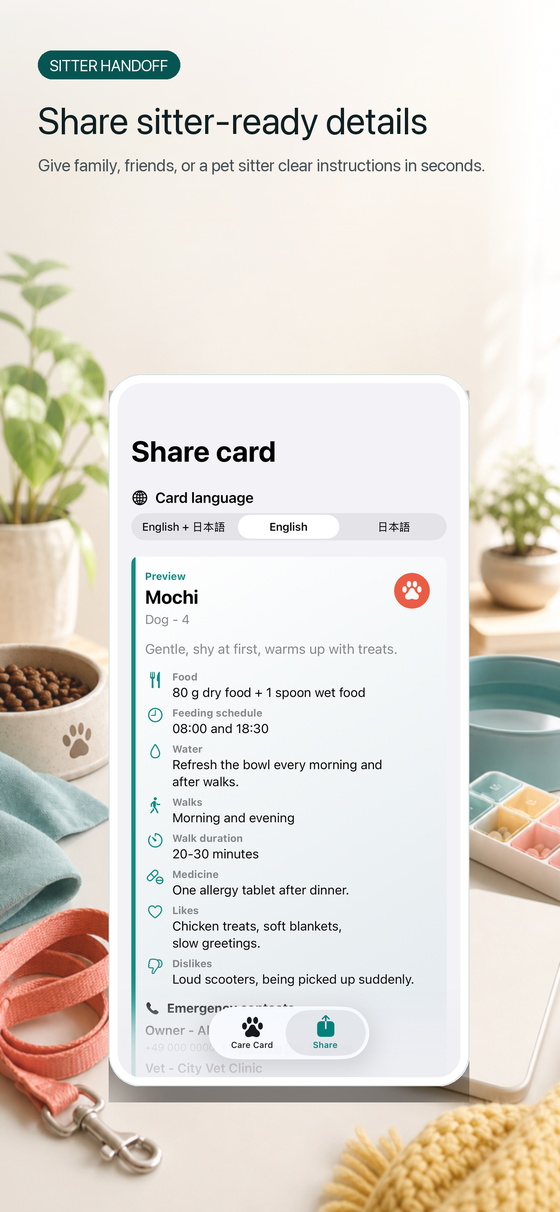 Pet Sitter Card share screen for pet sitters