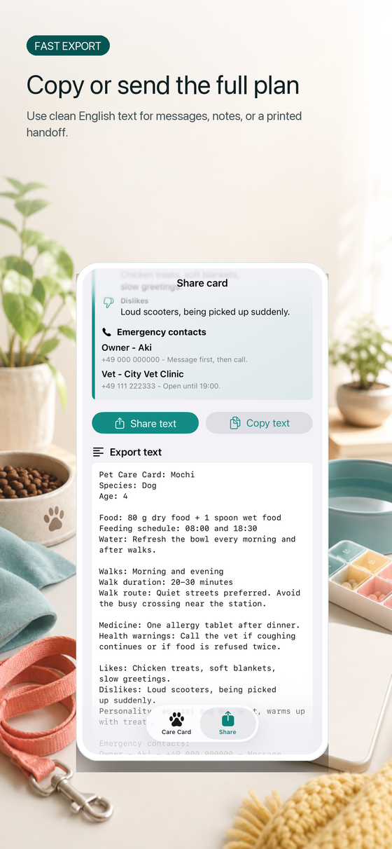 Pet Sitter Card copied care plan text