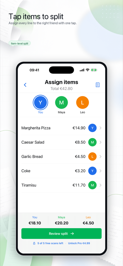 Receipt Split Camera item assignment screen