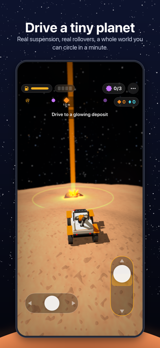 Rover Rig driving toward a glowing deposit on a tiny planet